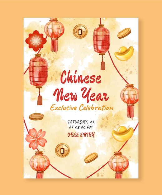 Vector gratuito plantilla de cartel vertical de año nuevo chino en acuarela