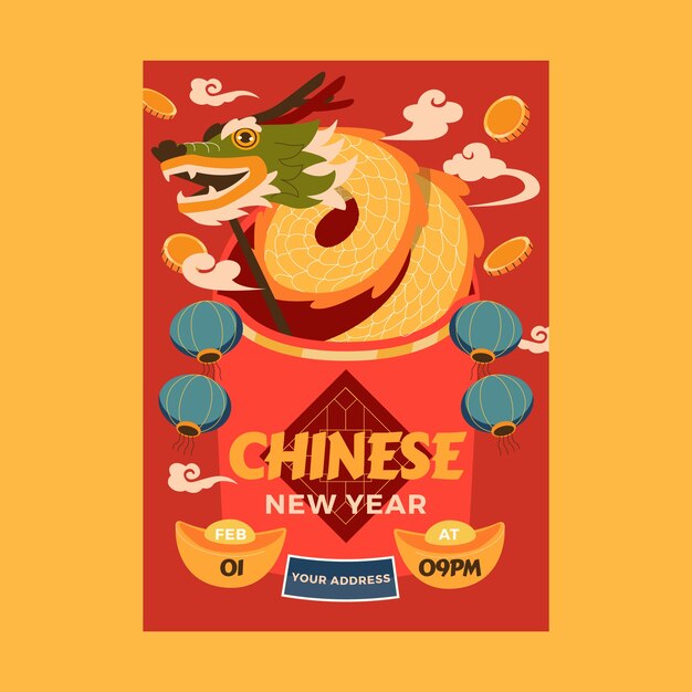 Plantilla de cartel vertical de año nuevo chino plano