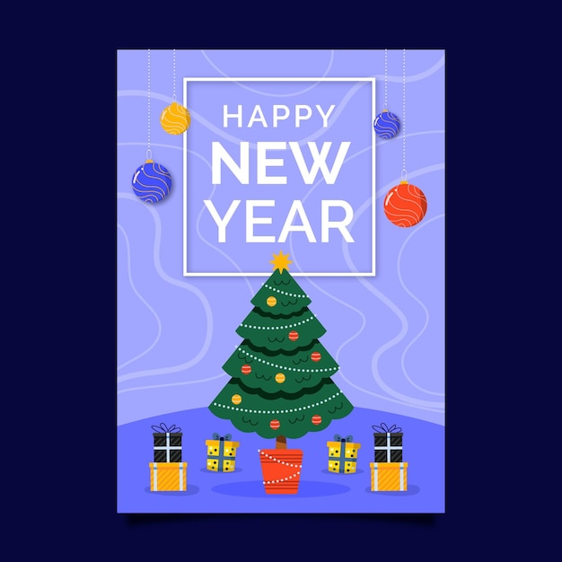 Plantilla de cartel vertical de año nuevo plano dibujado a mano