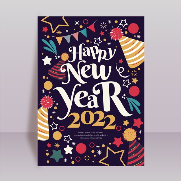 Plantilla de cartel vertical de año nuevo plano dibujado a mano