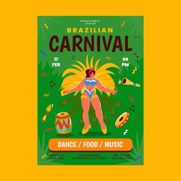 Vector gratuito plantilla de cartel vertical de carnaval brasileño plano