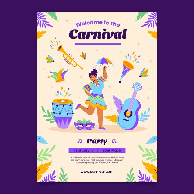 Plantilla de cartel vertical de carnaval plano