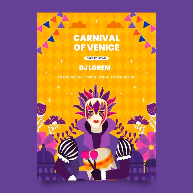 Vector gratuito plantilla de cartel vertical de carnaval de venecia plano