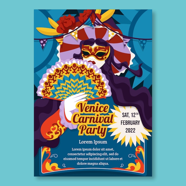 Vector gratuito plantilla de cartel vertical de carnaval de venecia plano