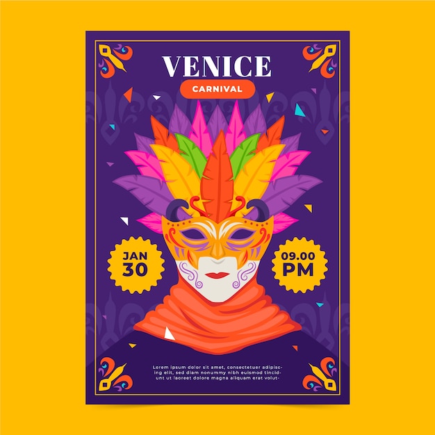 Vector gratuito plantilla de cartel vertical de carnaval de venecia plano