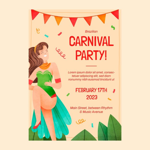 Plantilla de cartel vertical de celebración de carnaval brasileño acuarela