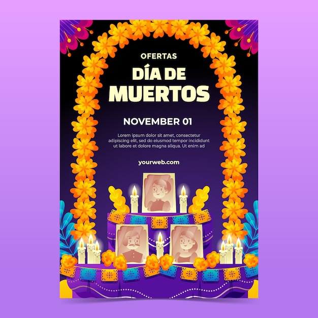 Vector gratuito plantilla de cartel vertical de celebración de dia de muertos degradado