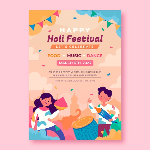 Vector gratuito plantilla de cartel vertical de celebración de festival holi plano