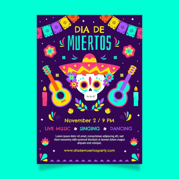 Plantilla de cartel vertical de celebración plana dia de muertos