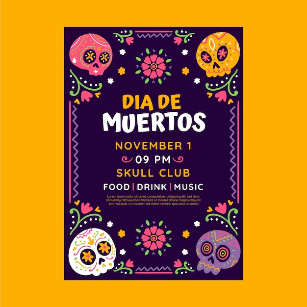 Vector gratuito plantilla de cartel vertical de celebración plana dia de muertos