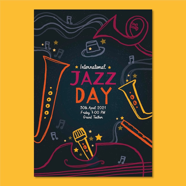 Plantilla de cartel vertical del día internacional del jazz dibujado a mano