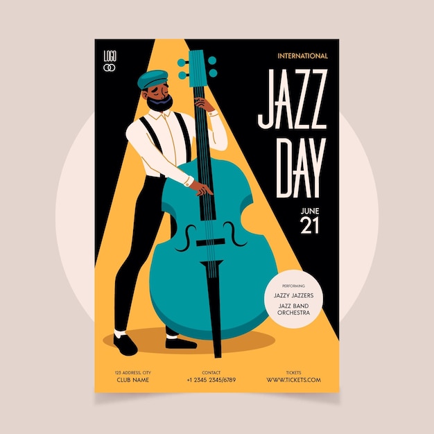 Vector gratuito plantilla de cartel vertical del día internacional del jazz plano orgánico