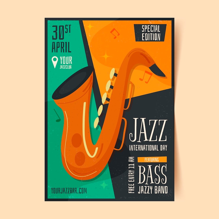 Vector gratuito plantilla de cartel vertical del día internacional del jazz plano orgánico