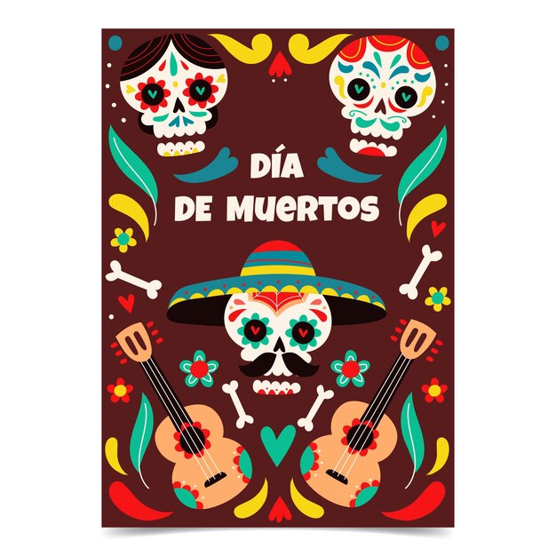 Plantilla de cartel vertical de dia de muertos dibujado a mano