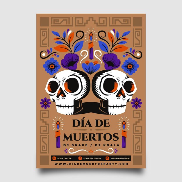 Plantilla de cartel vertical de dia de muertos dibujado a mano