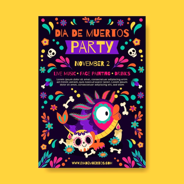 Plantilla de cartel vertical de dia de muertos dibujado a mano