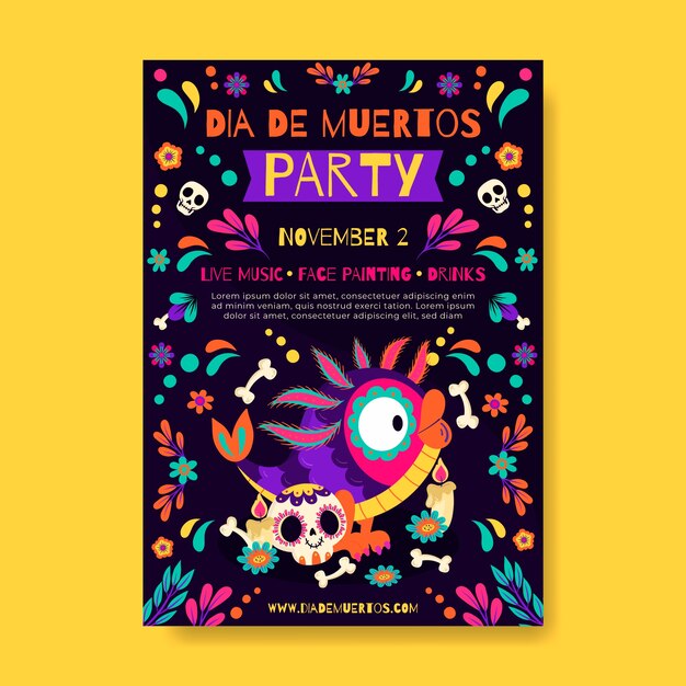 Plantilla de cartel vertical de dia de muertos dibujado a mano