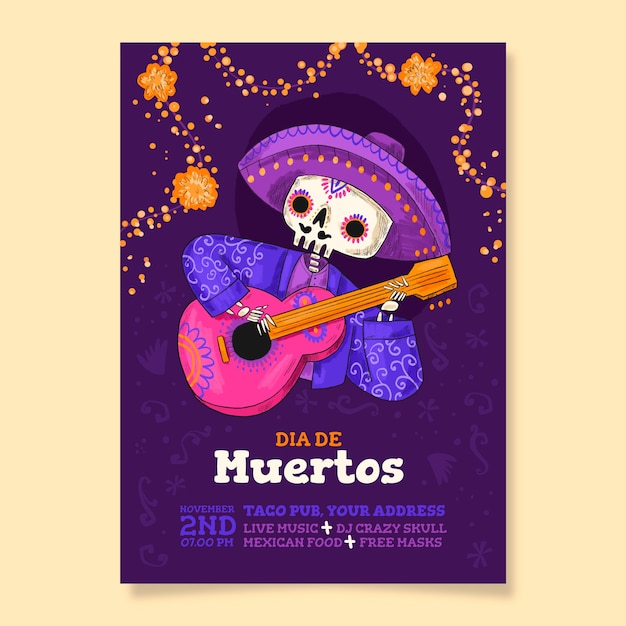 Vector gratuito plantilla de cartel vertical de dia de muertos dibujado a mano