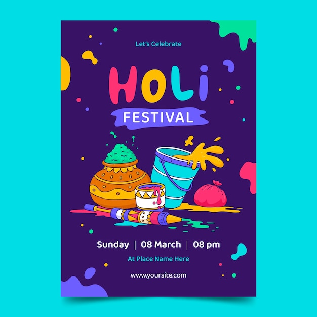 Vector gratuito plantilla de cartel vertical dibujada a mano para la celebración del festival de holi.