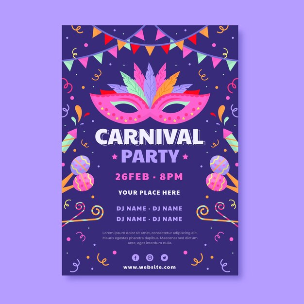 Plantilla de cartel vertical de fiesta de carnaval plana