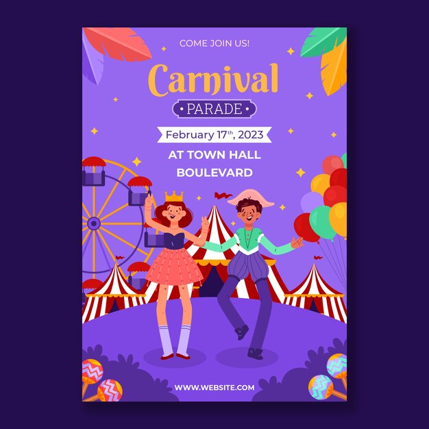 Plantilla de cartel vertical de fiesta de carnaval plana