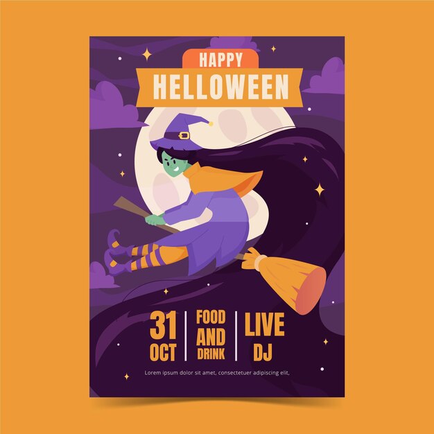 Plantilla de cartel vertical de fiesta de halloween plana dibujada a mano