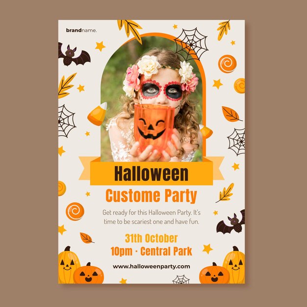 Plantilla de cartel vertical de fiesta de halloween plana dibujada a mano