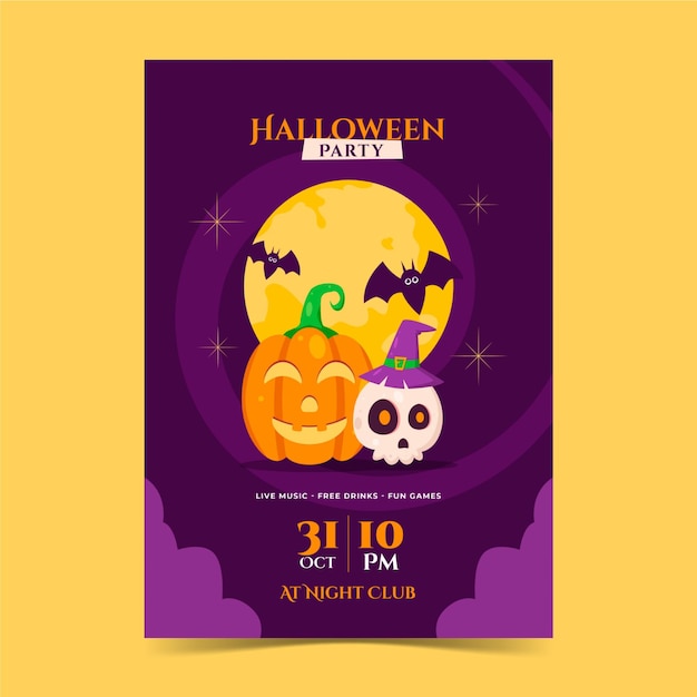 Plantilla de cartel vertical de fiesta de halloween plana