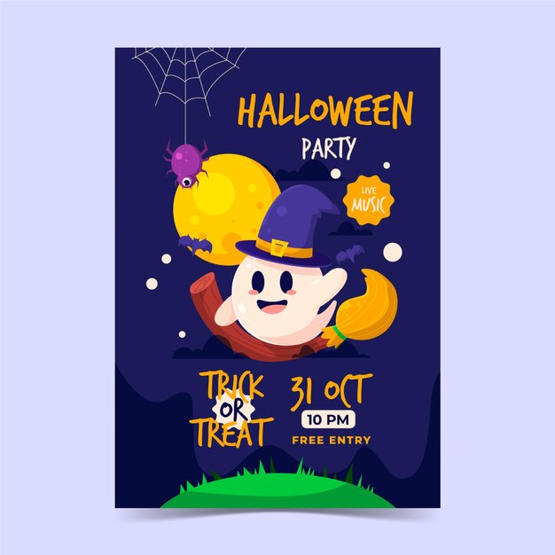 Plantilla de cartel vertical de fiesta de halloween plana