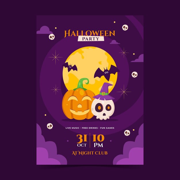 Plantilla de cartel vertical de fiesta de halloween plana