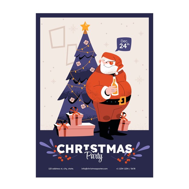 Plantilla de cartel vertical de fiesta de navidad plana