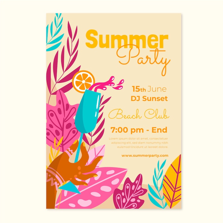 Vector gratuito plantilla de cartel vertical de fiesta de verano dibujado a mano