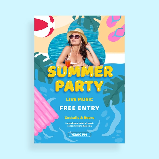 Vector gratuito plantilla de cartel vertical de fiesta de verano plana con foto