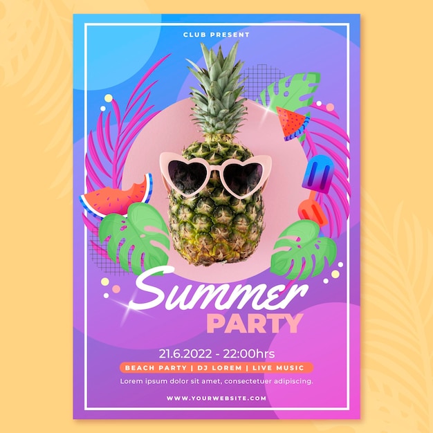 Vector gratuito plantilla de cartel vertical de fiesta de verano plano orgánico con foto