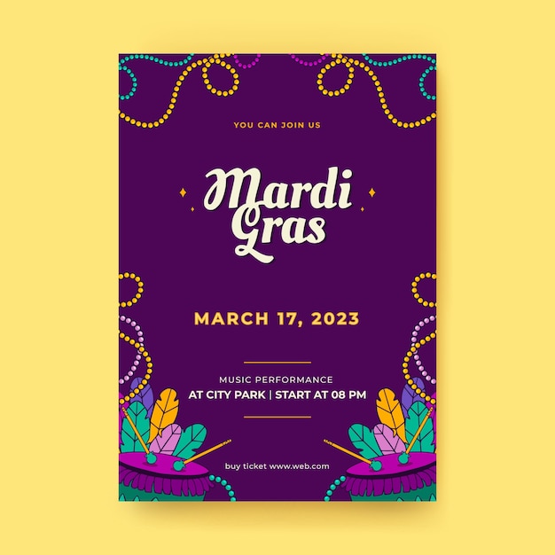 Plantilla de cartel vertical de mardi gras dibujado a mano