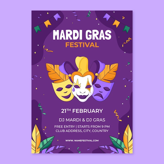 Vector gratuito plantilla de cartel vertical de mardi gras dibujado a mano