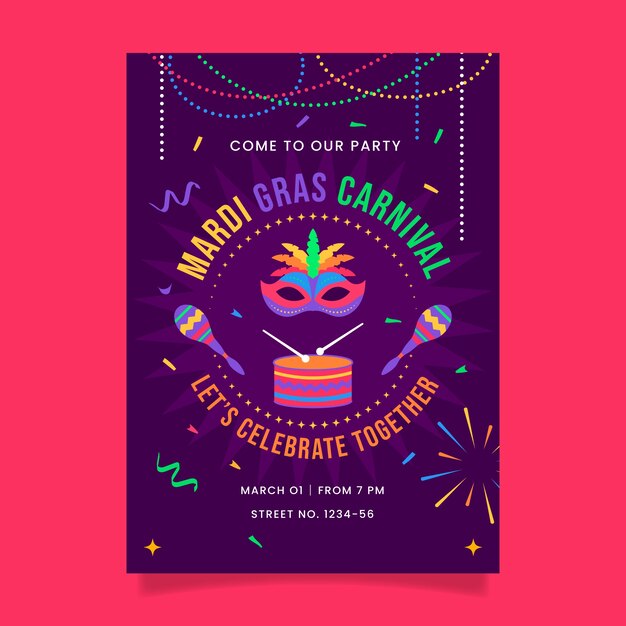 Vector gratuito plantilla de cartel vertical de mardi gras plano