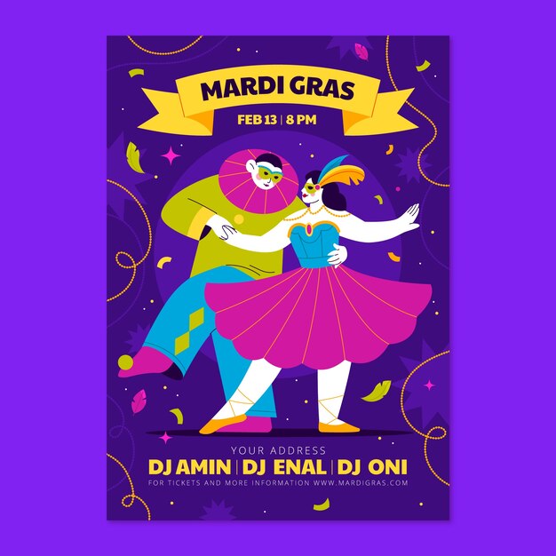 Plantilla de cartel vertical de mardi gras plano