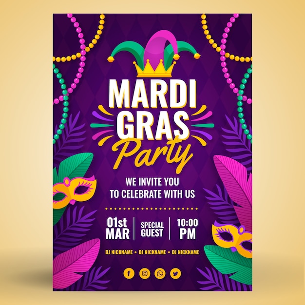 Vector gratuito plantilla de cartel vertical de mardi gras plano