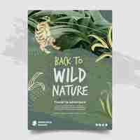 Vector gratuito plantilla de cartel vertical para naturaleza salvaje con vegetación y tigre