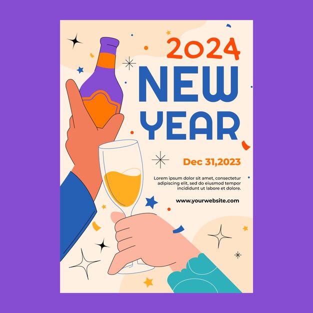 Plantilla de cartel vertical plano para el año nuevo 2024 con manos sosteniendo botella y vidrio