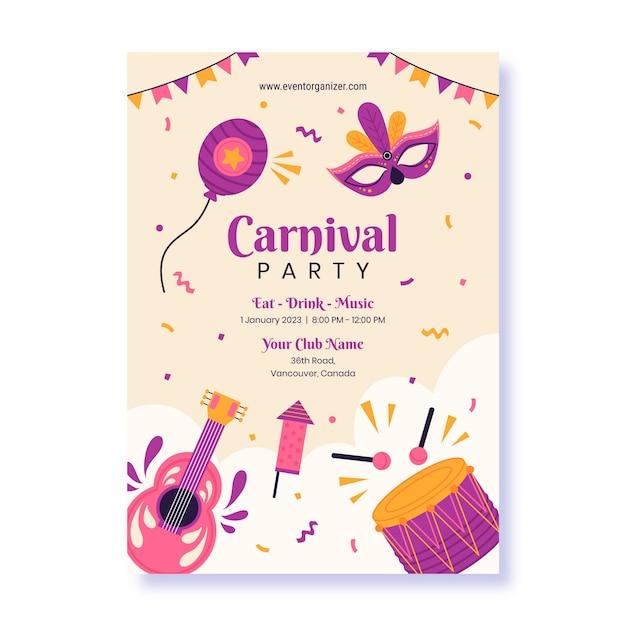 Vector gratuito plantilla de cartel vertical plano para celebración de carnaval