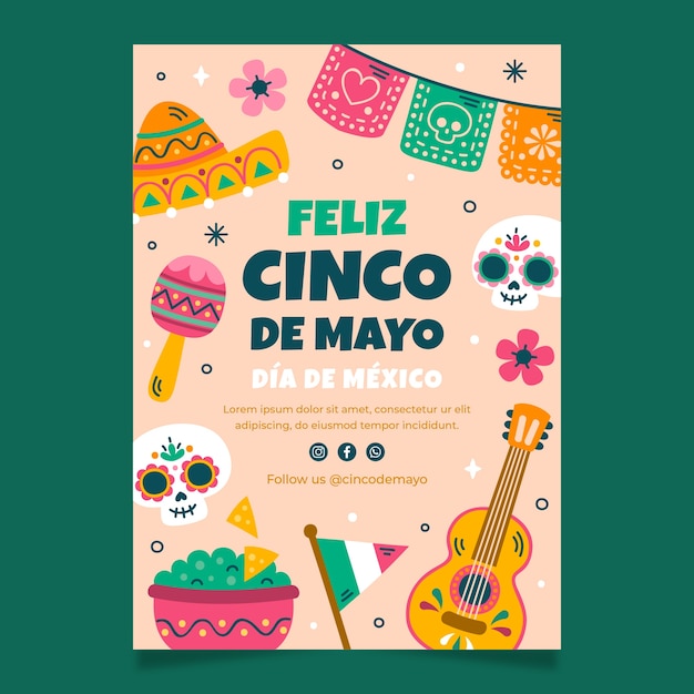 Plantilla de cartel vertical plano para la celebración del cinco de mayo