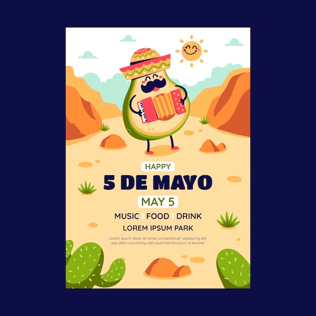 Plantilla de cartel vertical plano para la celebración del cinco de mayo