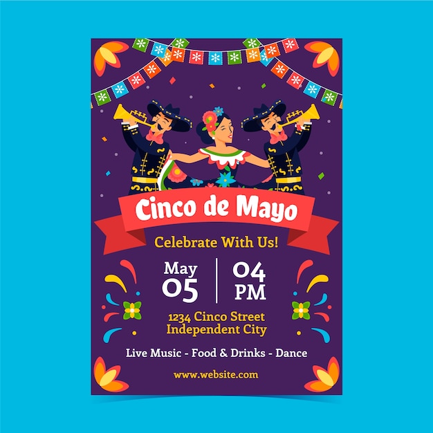 Vector gratuito plantilla de cartel vertical plano para la celebración del cinco de mayo