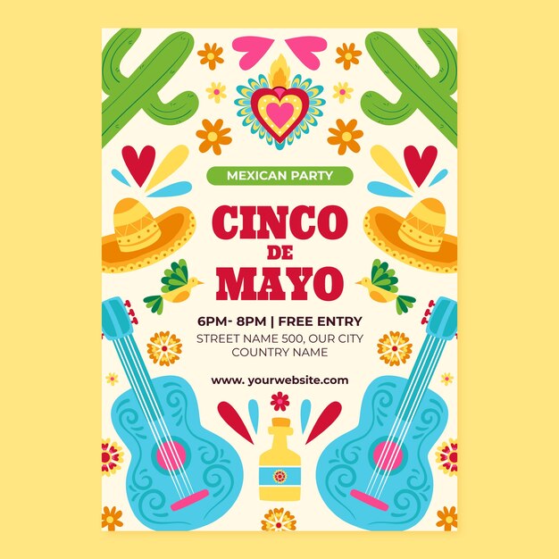 Plantilla de cartel vertical plano para la celebración del cinco de mayo