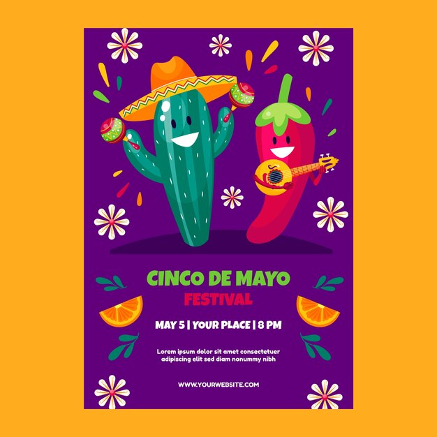Plantilla de cartel vertical plano para la celebración del cinco de mayo