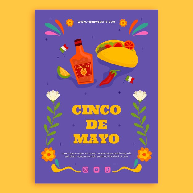 Plantilla de cartel vertical plano para la celebración del cinco de mayo