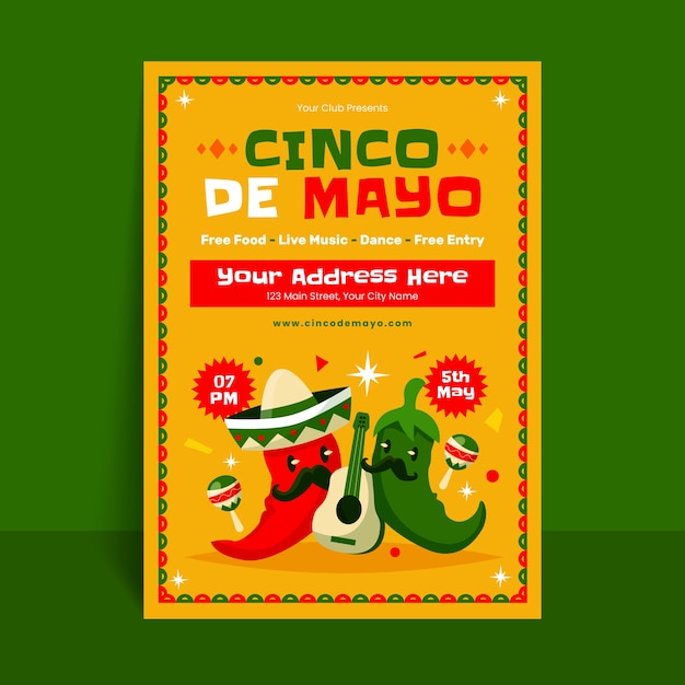 Vector gratuito plantilla de cartel vertical plano para la celebración del cinco de mayo