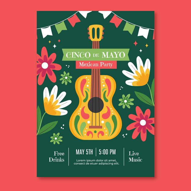 Plantilla de cartel vertical plano para la celebración del cinco de mayo